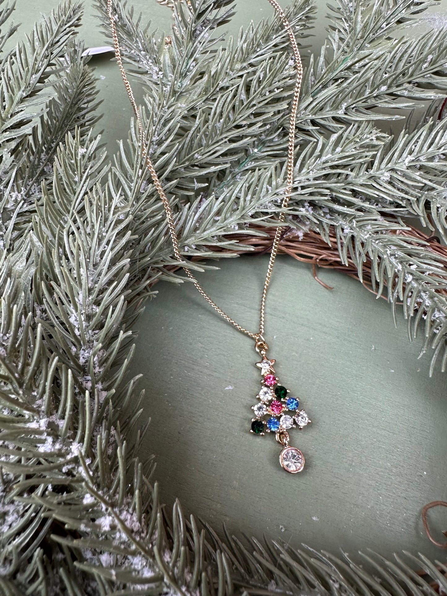 rhinestone christmas tree charm necklace