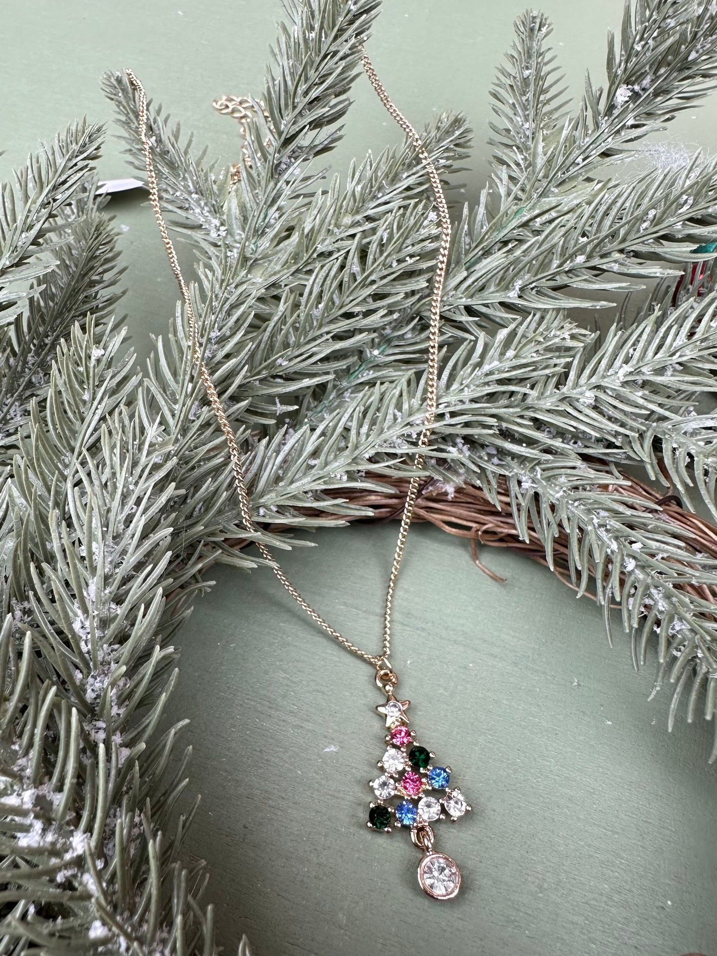 rhinestone christmas tree charm necklace