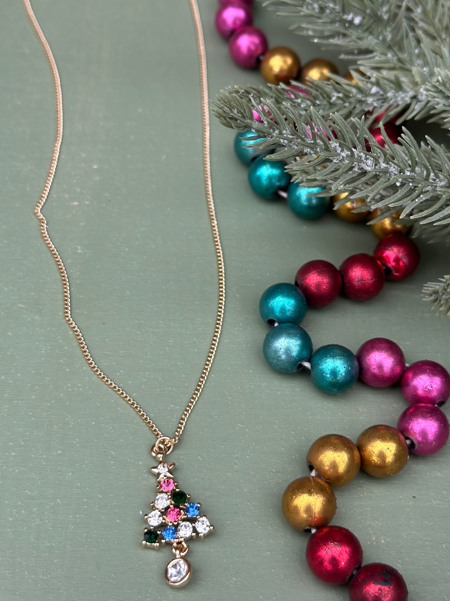 rhinestone christmas tree charm necklace