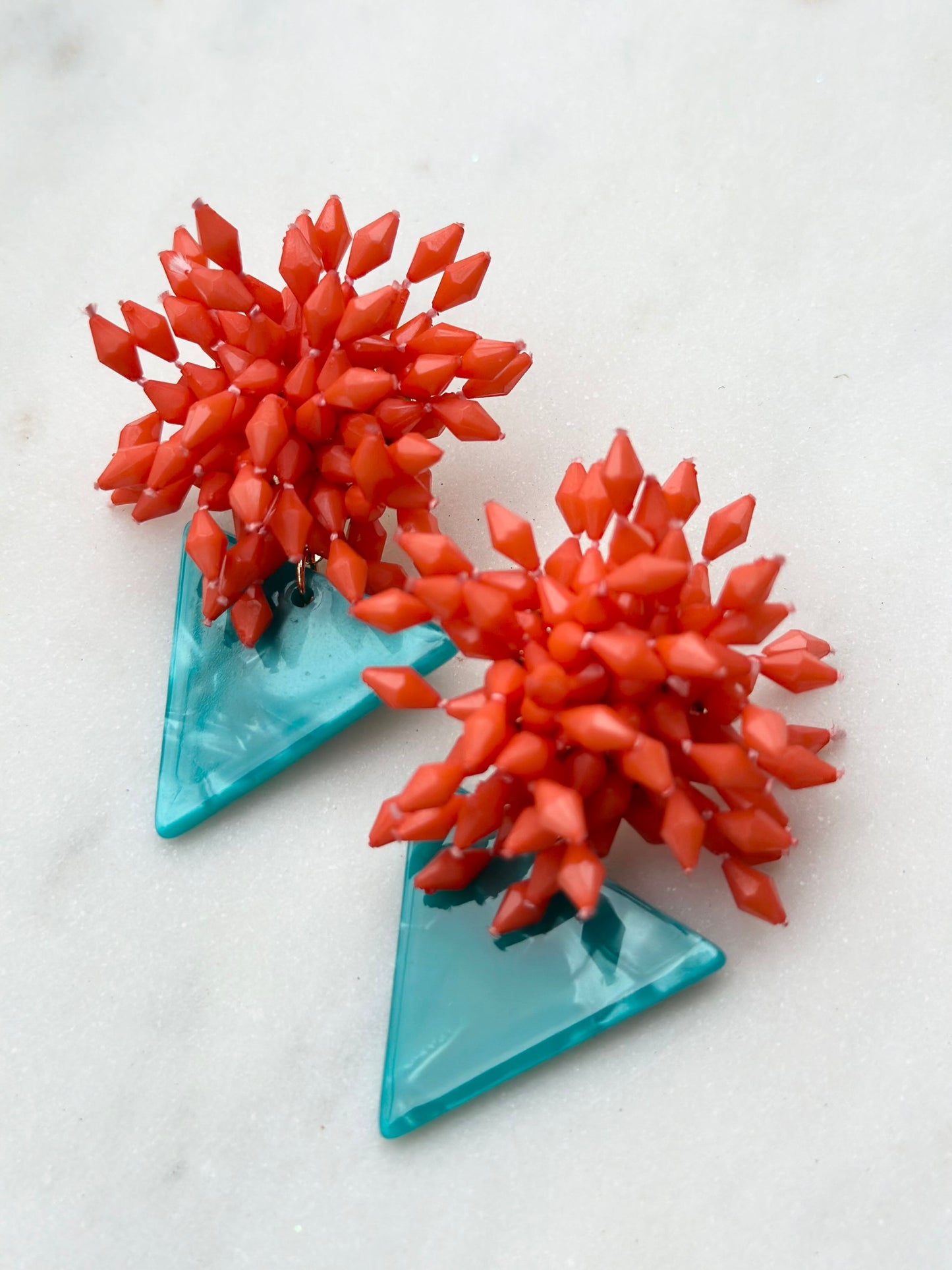 pom pom triangle acrylic earrings