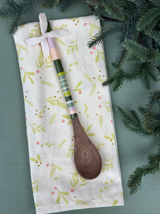 meet me under the mistletoe tea towel with wooden spoon