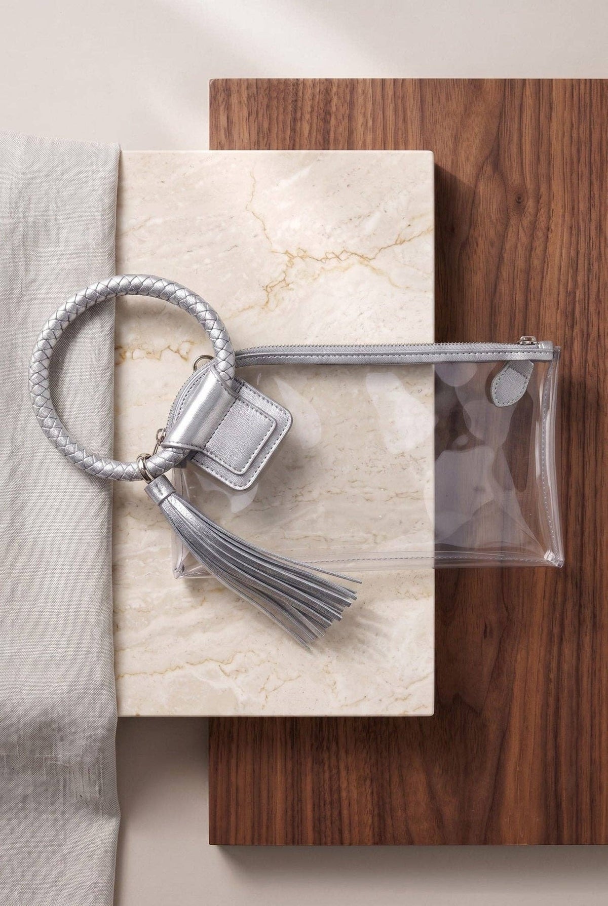 AD205T See Through Clear Cuff Handle Tassel Wristlet Crossbody: Champagne