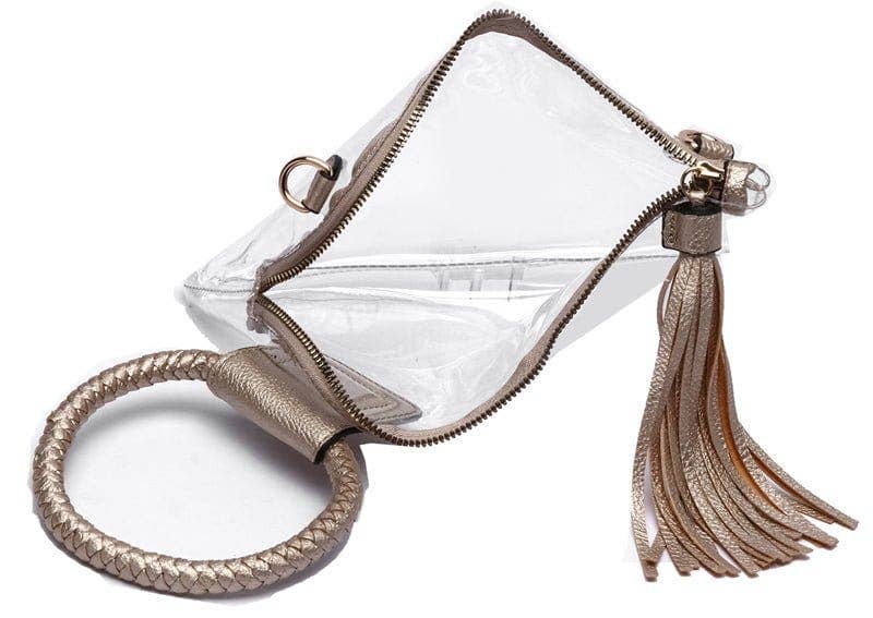 AD205T See Through Clear Cuff Handle Tassel Wristlet Crossbody: Champagne