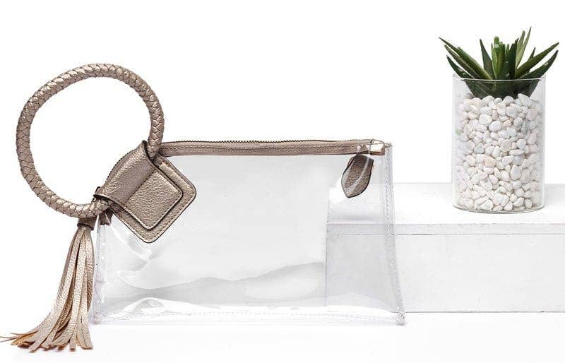 AD205T See Through Clear Cuff Handle Tassel Wristlet Crossbody: Champagne