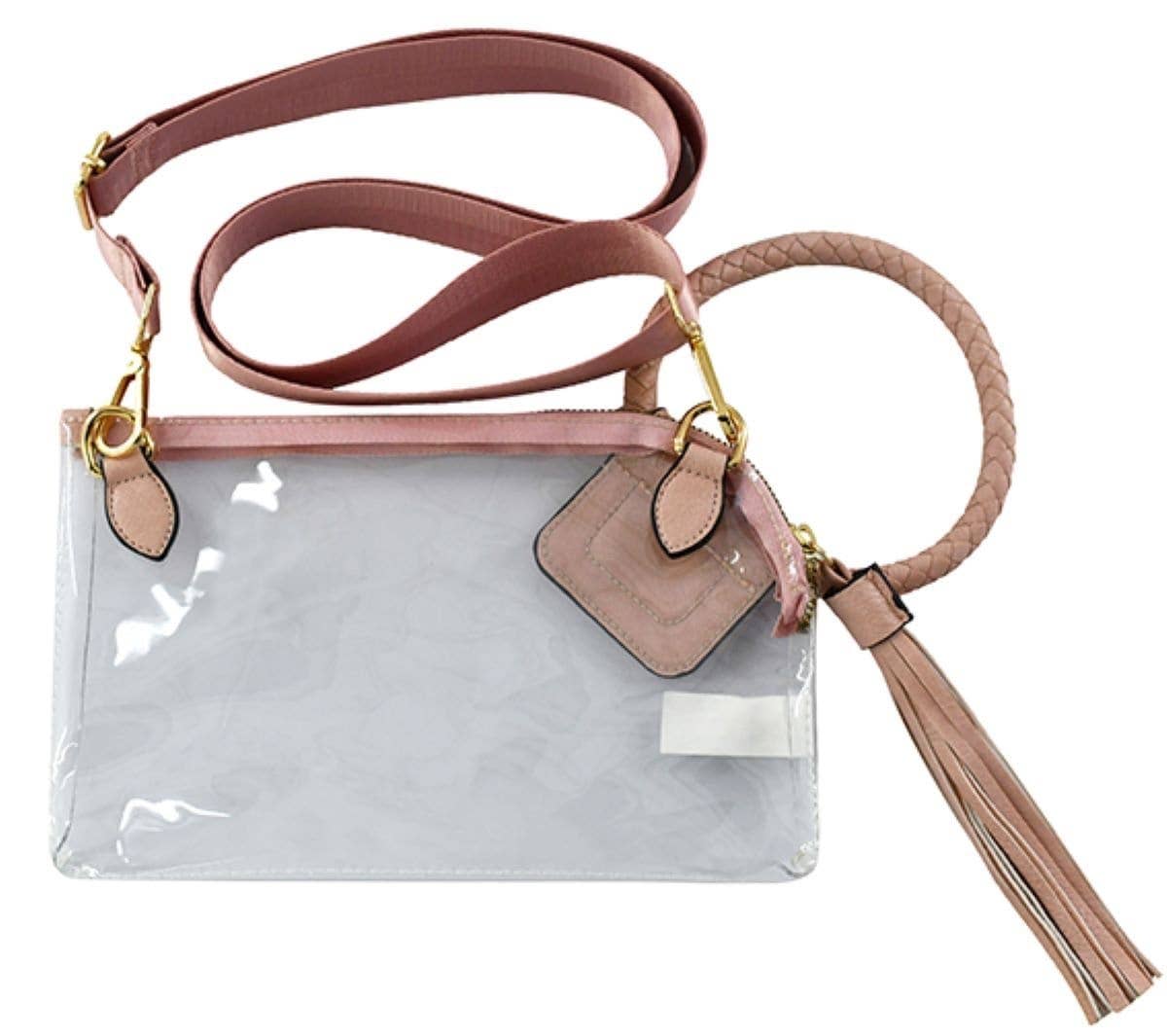 AD205T See Through Clear Cuff Handle Tassel Wristlet Crossbody: Champagne