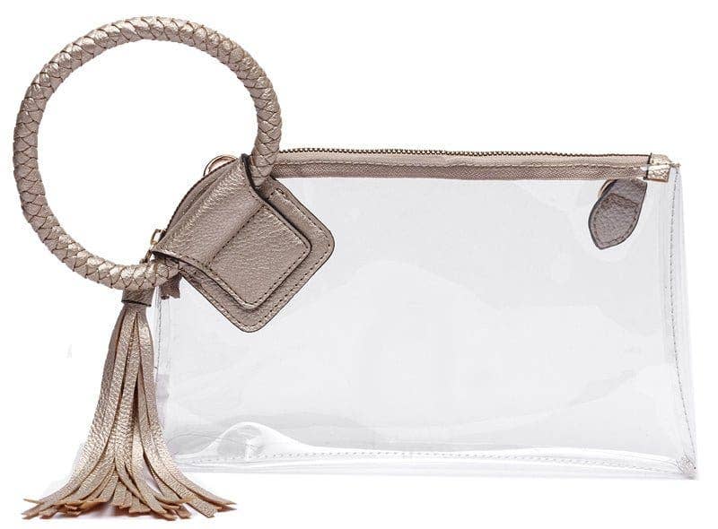 AD205T See Through Clear Cuff Handle Tassel Wristlet Crossbody: Champagne