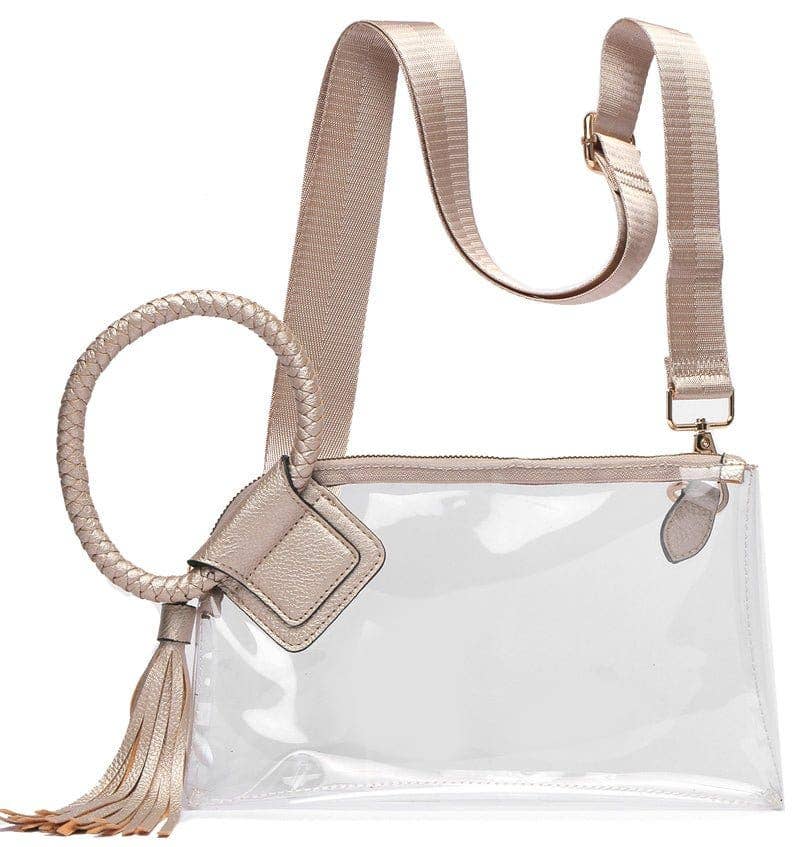 AD205T See Through Clear Cuff Handle Tassel Wristlet Crossbody: Champagne