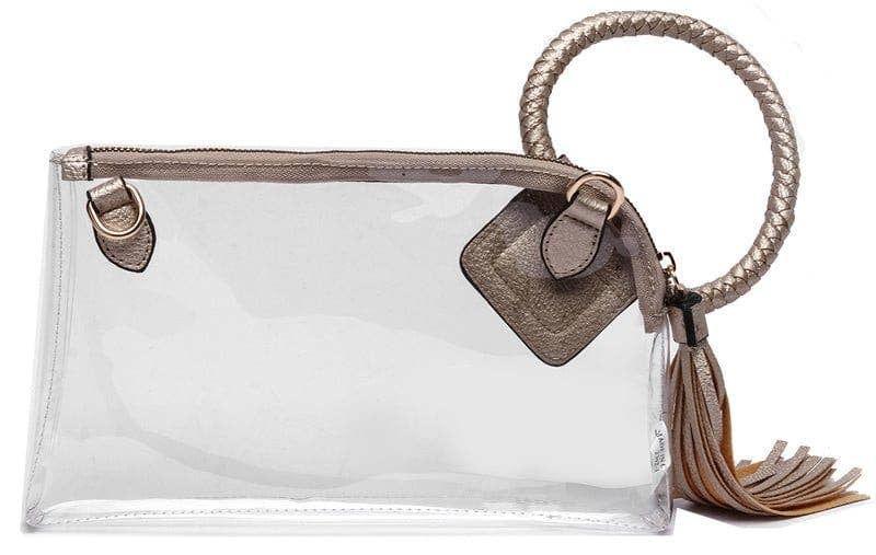 AD205T See Through Clear Cuff Handle Tassel Wristlet Crossbody: Champagne