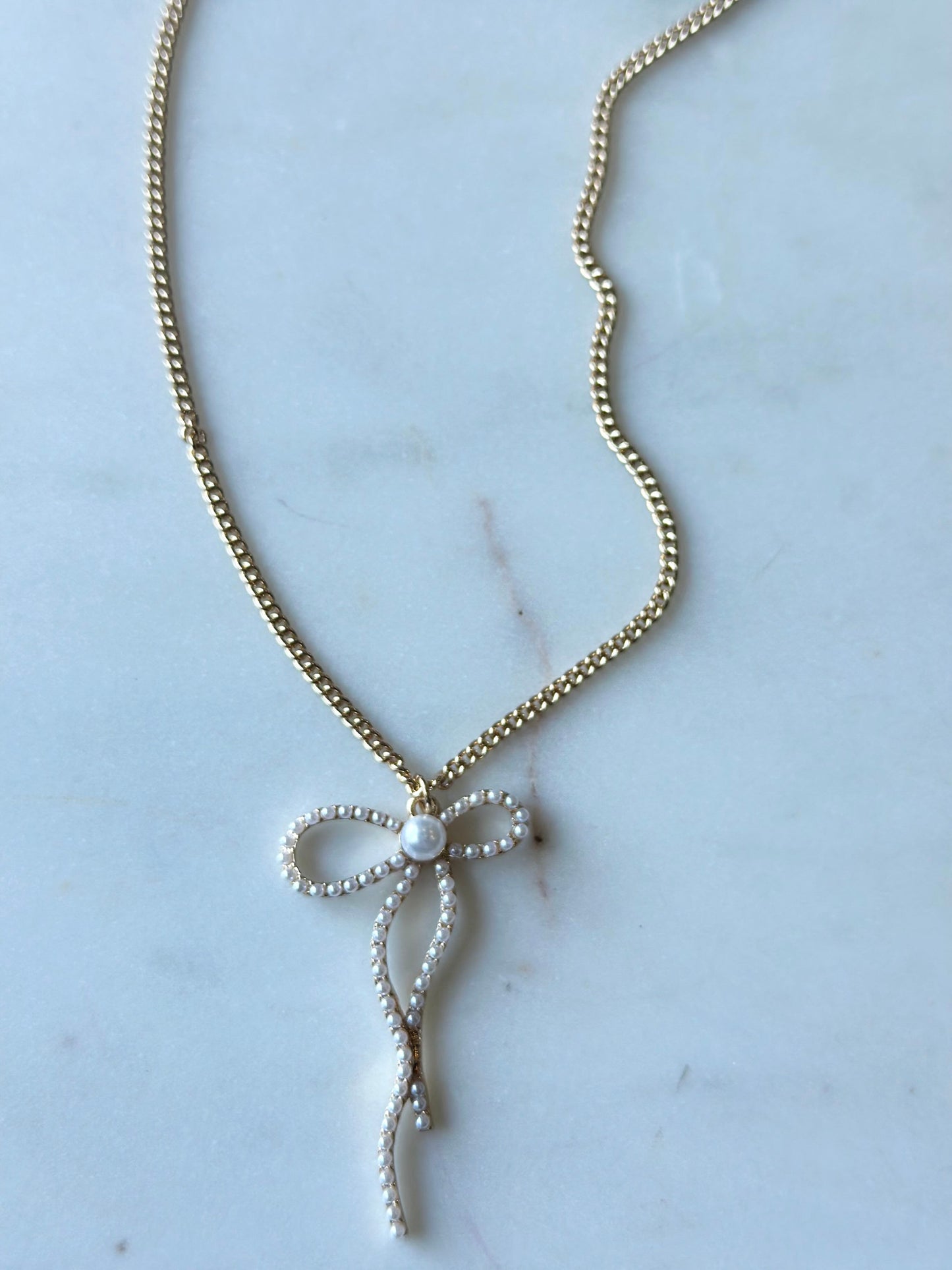 Pearl Embellished Bow Pendant Necklace