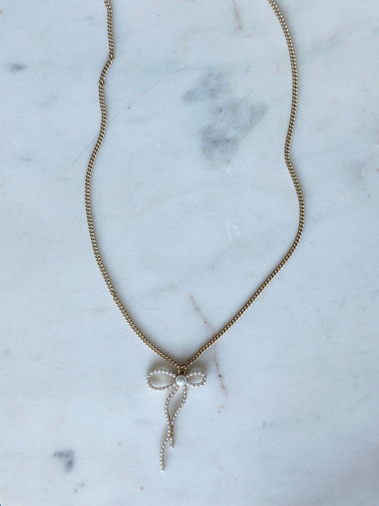 Pearl Embellished Bow Pendant Necklace