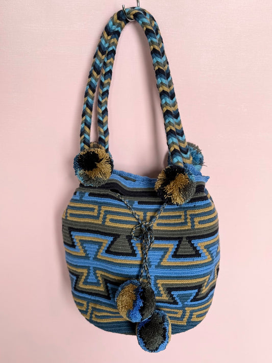 bermuda bucket bag - blue with poms