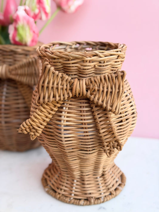 hand woven rattan vase with bow - hourglass