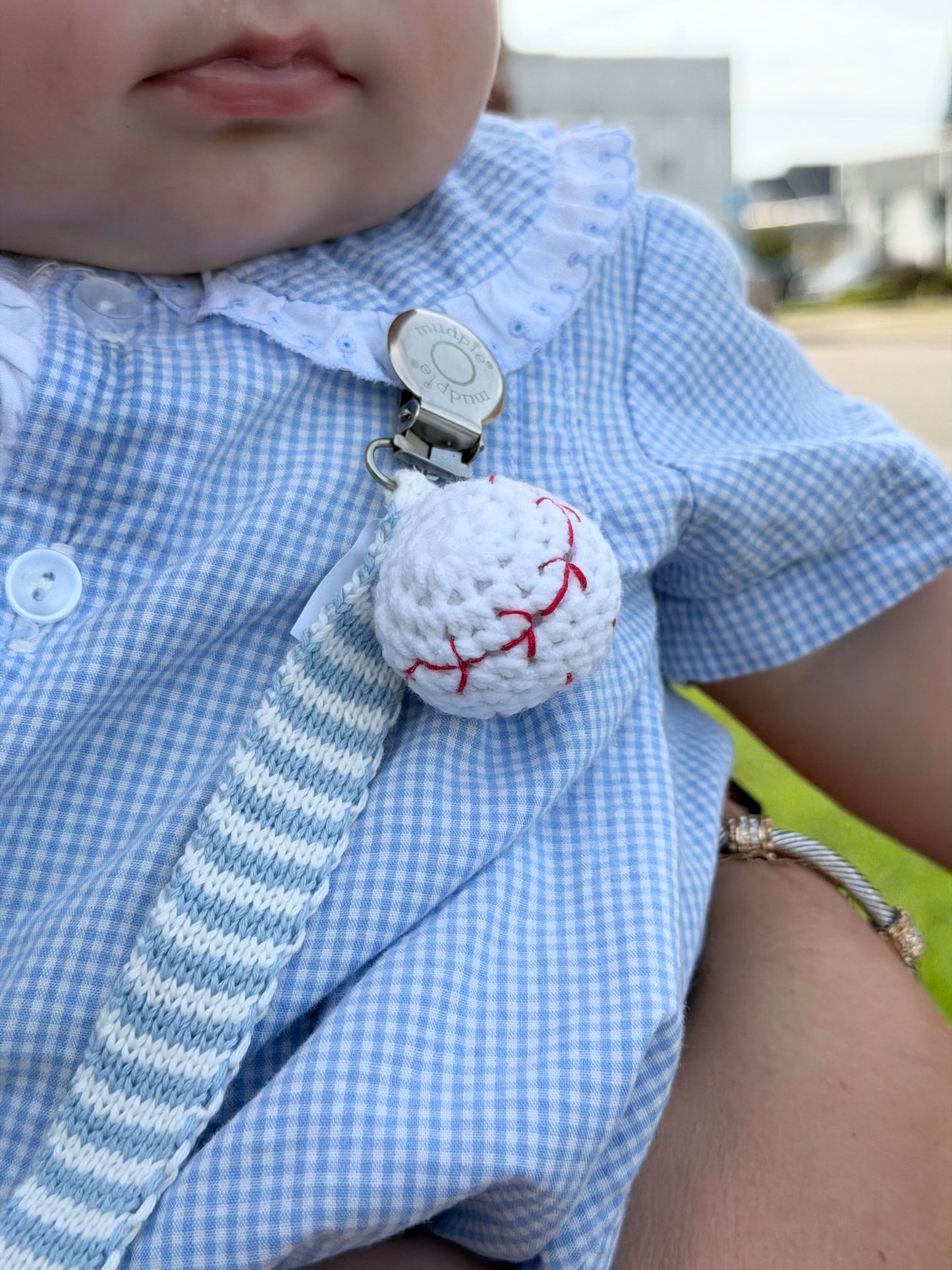 crochet paci clip - baseball
