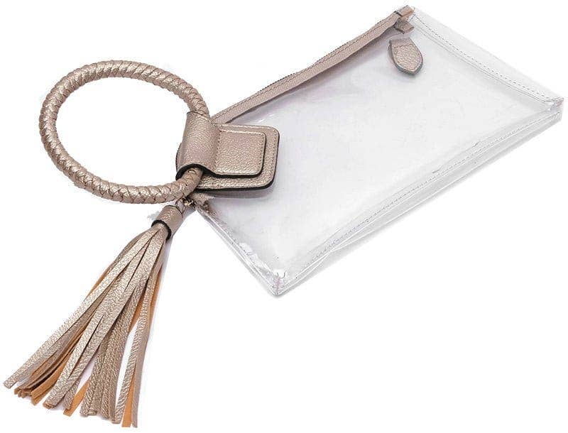 AD205T See Through Clear Cuff Handle Tassel Wristlet Crossbody: Champagne